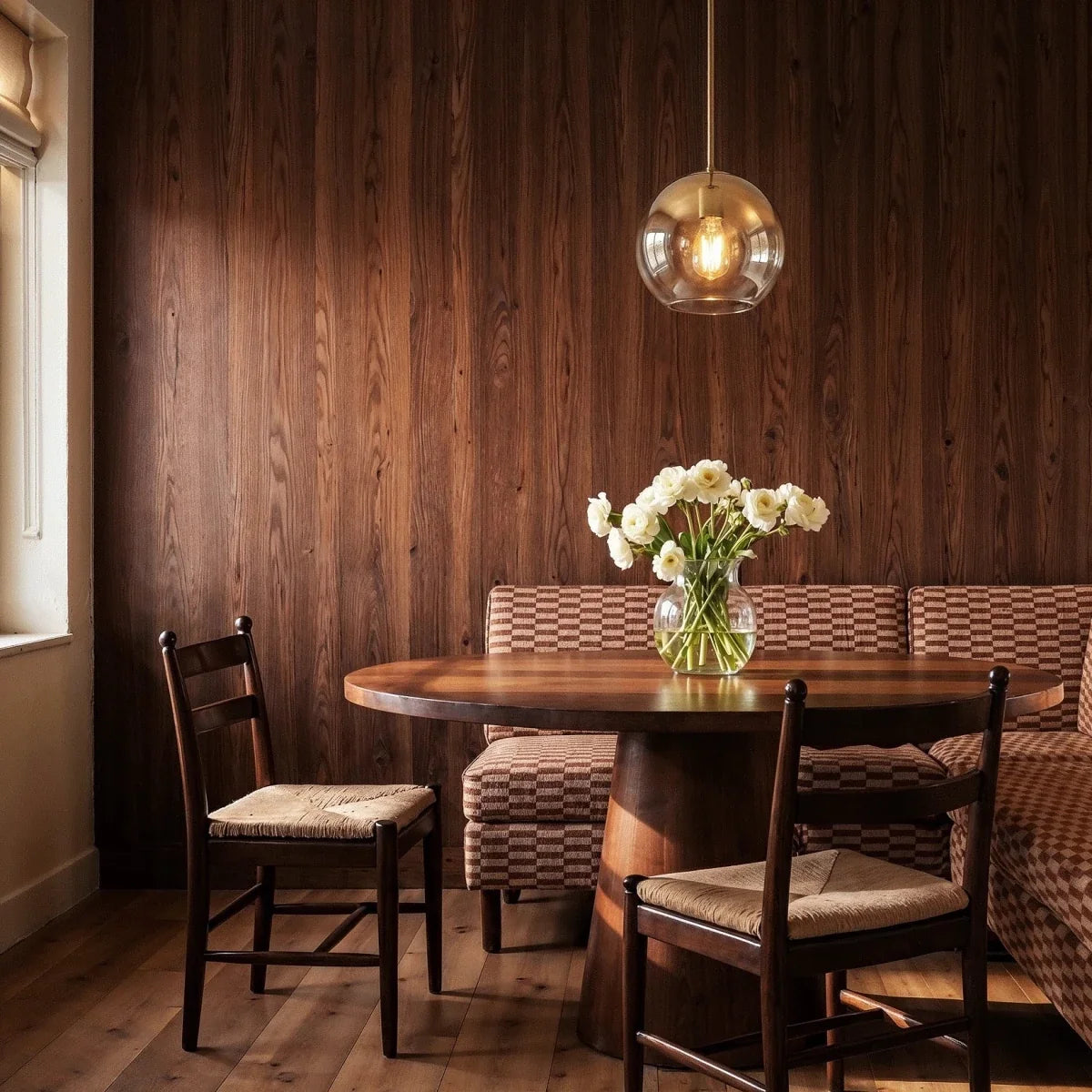 Clérachic champagne glass sphere pendant lights a round dining table set against dark wood-panelled walls.