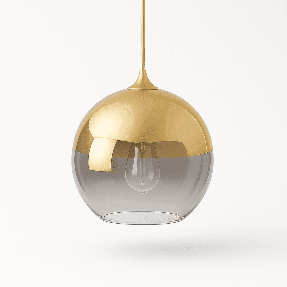 Clérachic champagne glass sphere pendant on a white backdrop, brass rod tapering into the gradient glass shade.