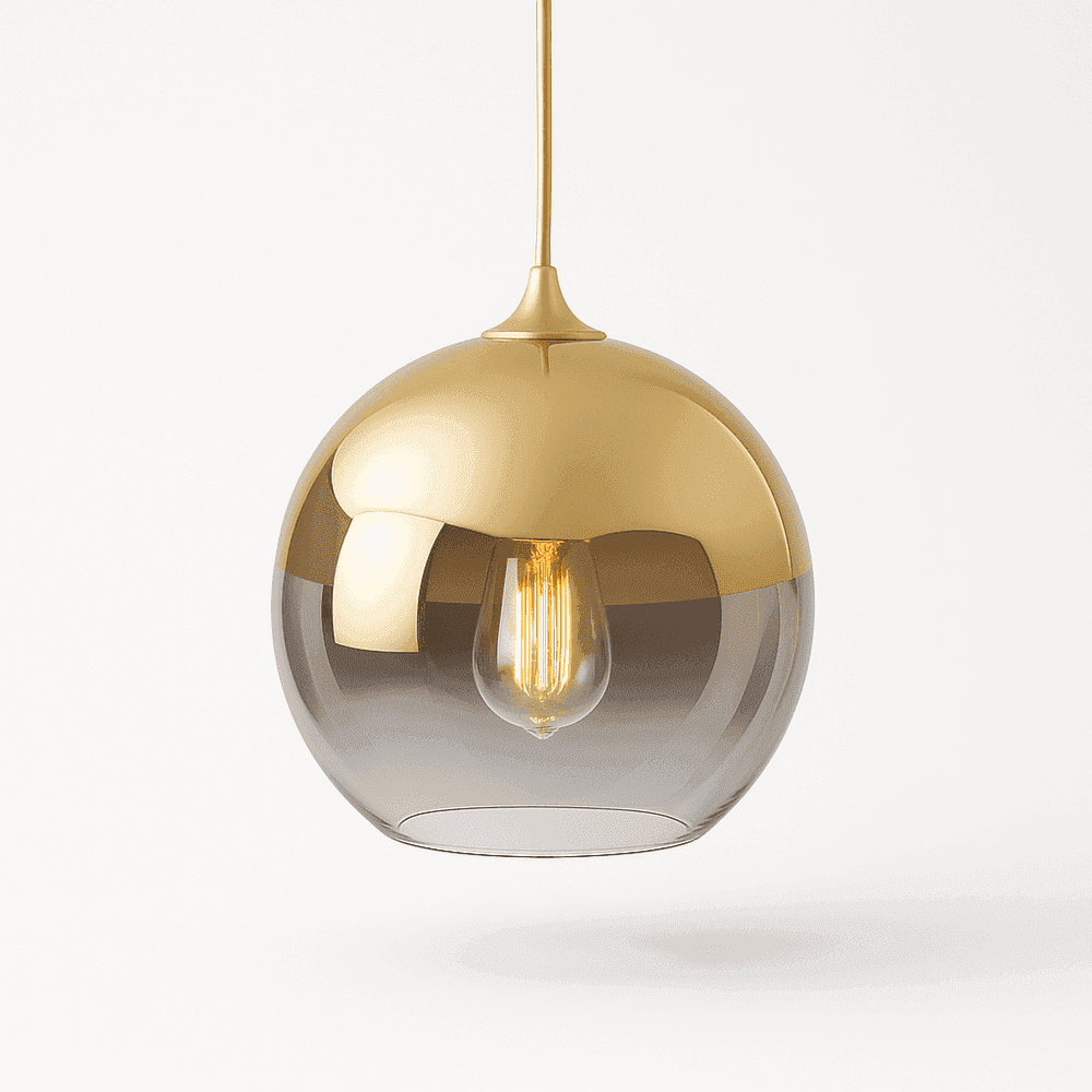 Clérachic pendant light in champagne finish suspended on a slim cord, glass sphere glowing on a white backdrop.