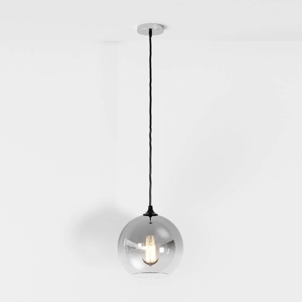 Clérachic silver-finish glass sphere pendant shown at full drop length, filament bulb lit on a white ground.