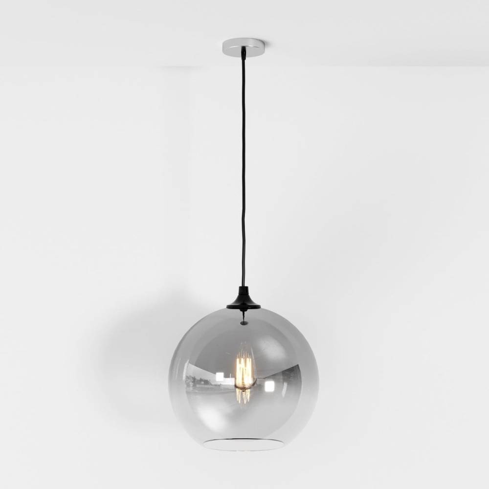Clérachic silver-finish glass sphere pendant on a black cord, dark hardware visible at the shade's fitter.