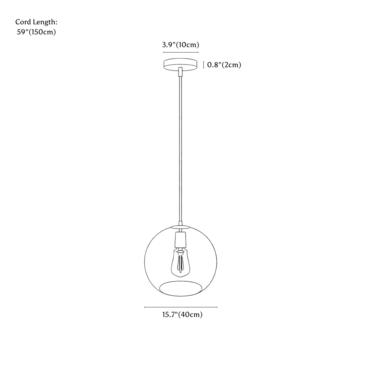 Clérachic pendant light dimension drawing, 40 cm, every measurement marked in centimetres and inches.