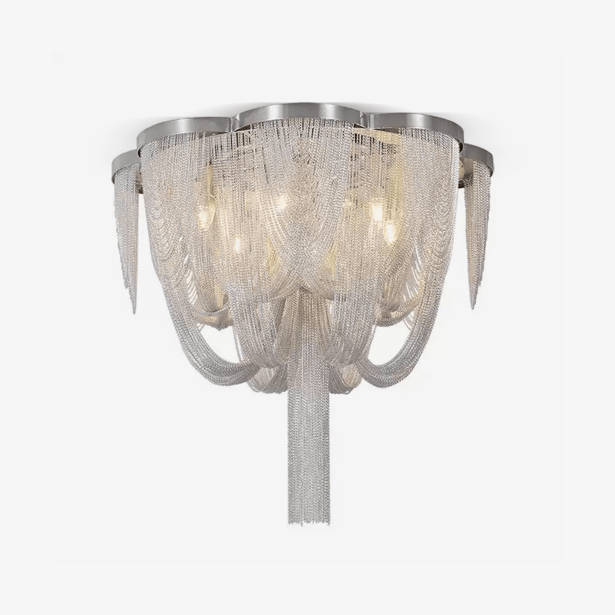 Semi-flush Clérachic ceiling light with silver chains draped in swags and a long central tassel, on a plain white backdrop.