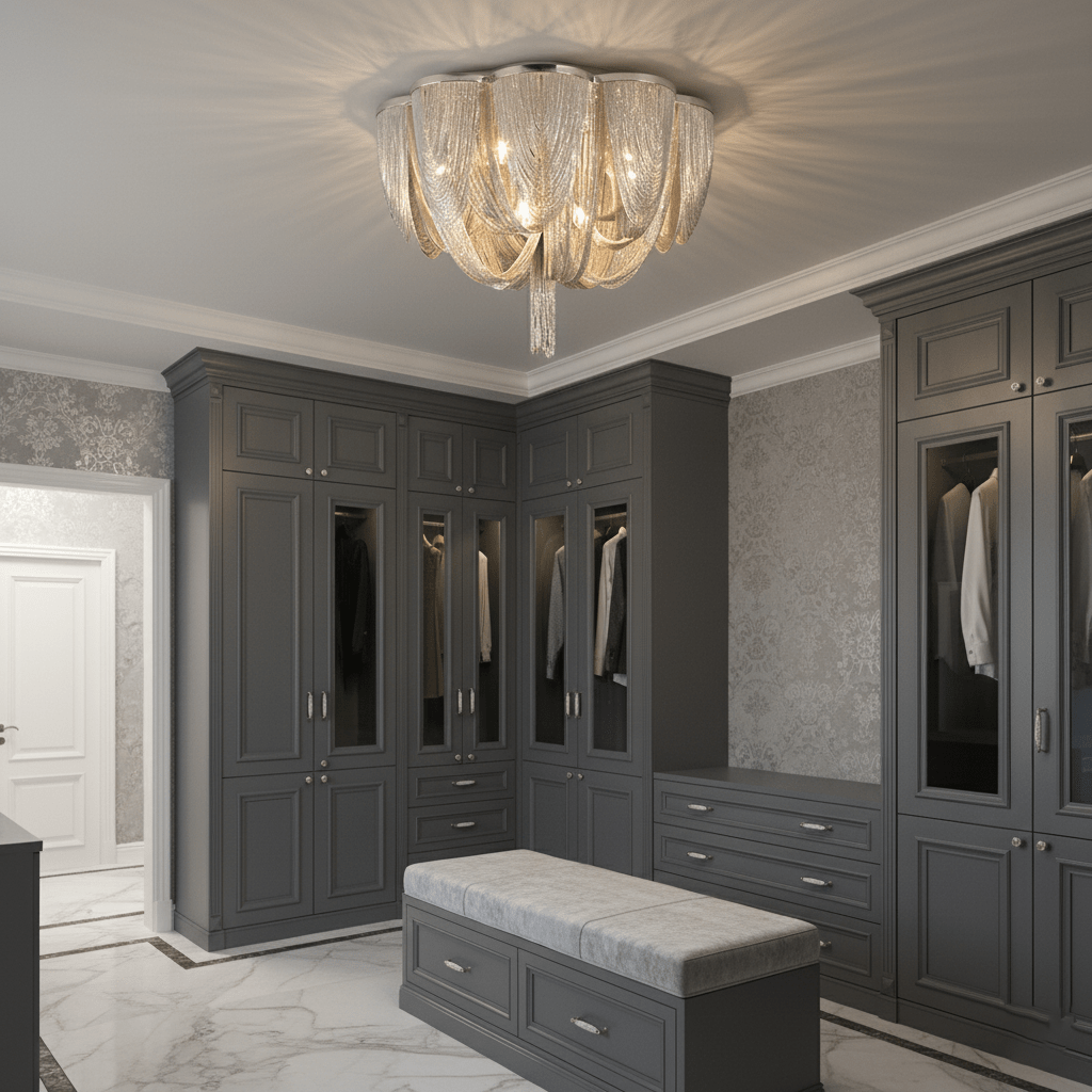 Clérachic silver chain ceiling light glowing in a dressing room with grey fitted wardrobes and a cushioned bench.