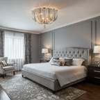 Clérachic chain ceiling light centred above a bed with a grey tufted headboard, grey panelled walls and a patterned rug.