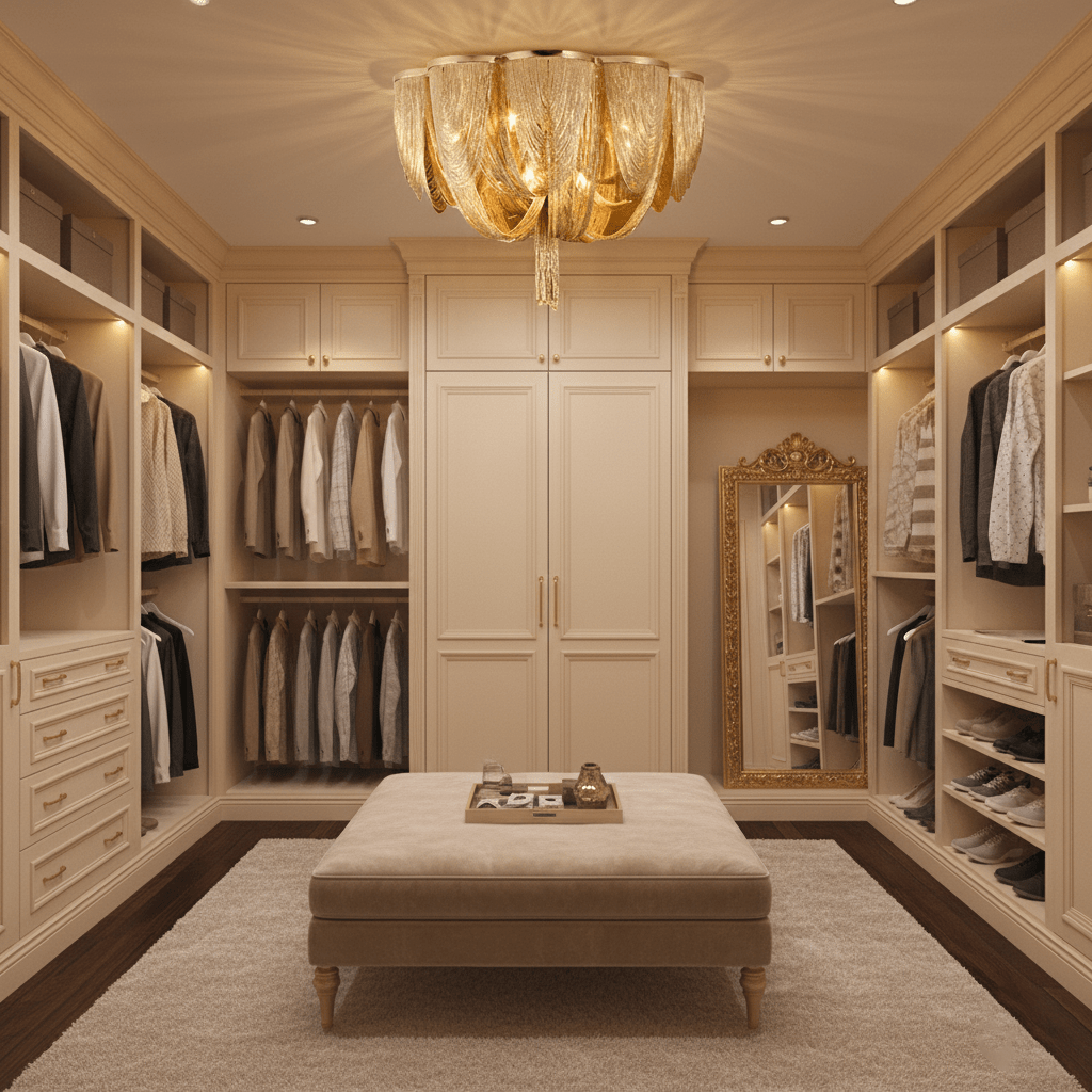 Clérachic chain ceiling light with a gold sheen above a cream walk-in wardrobe, with a tufted ottoman and gilt mirror.