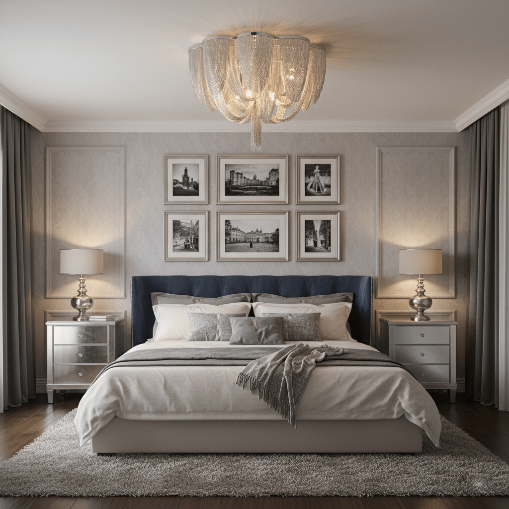 Silver chain Clérachic ceiling light above a bed with a navy headboard, mirrored bedside tables and a framed picture grid.