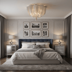 Silver chain Clérachic ceiling light above a bed with a navy headboard, mirrored bedside tables and a framed picture grid.