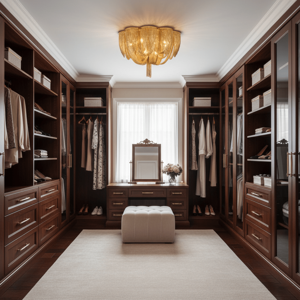 Gold-toned Clérachic chain ceiling light above a dark wood walk-in wardrobe with a dressing table and a pale ottoman.