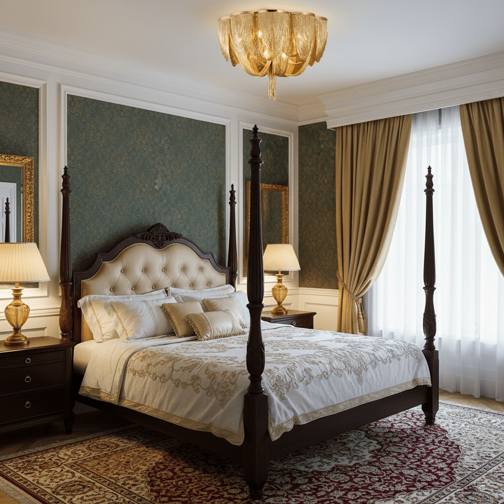 Gold-toned Clérachic chain ceiling light above a four-poster bed with gold curtains, green walls and a patterned rug.