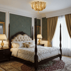 Gold-toned Clérachic chain ceiling light above a four-poster bed with gold curtains, green walls and a patterned rug.