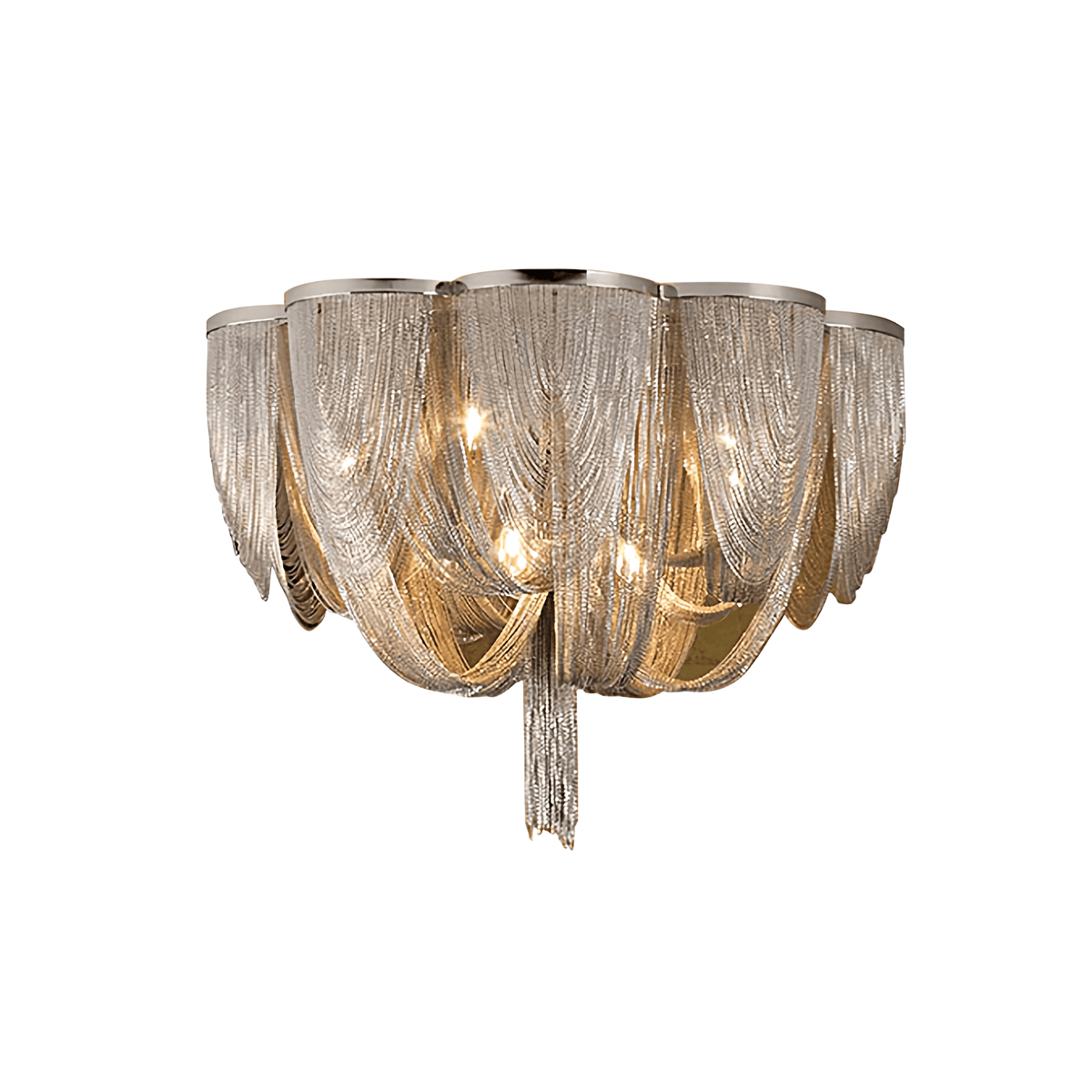 Silver chain Clérachic semi-flush ceiling light with warm bulbs showing and a long central tassel, on white.