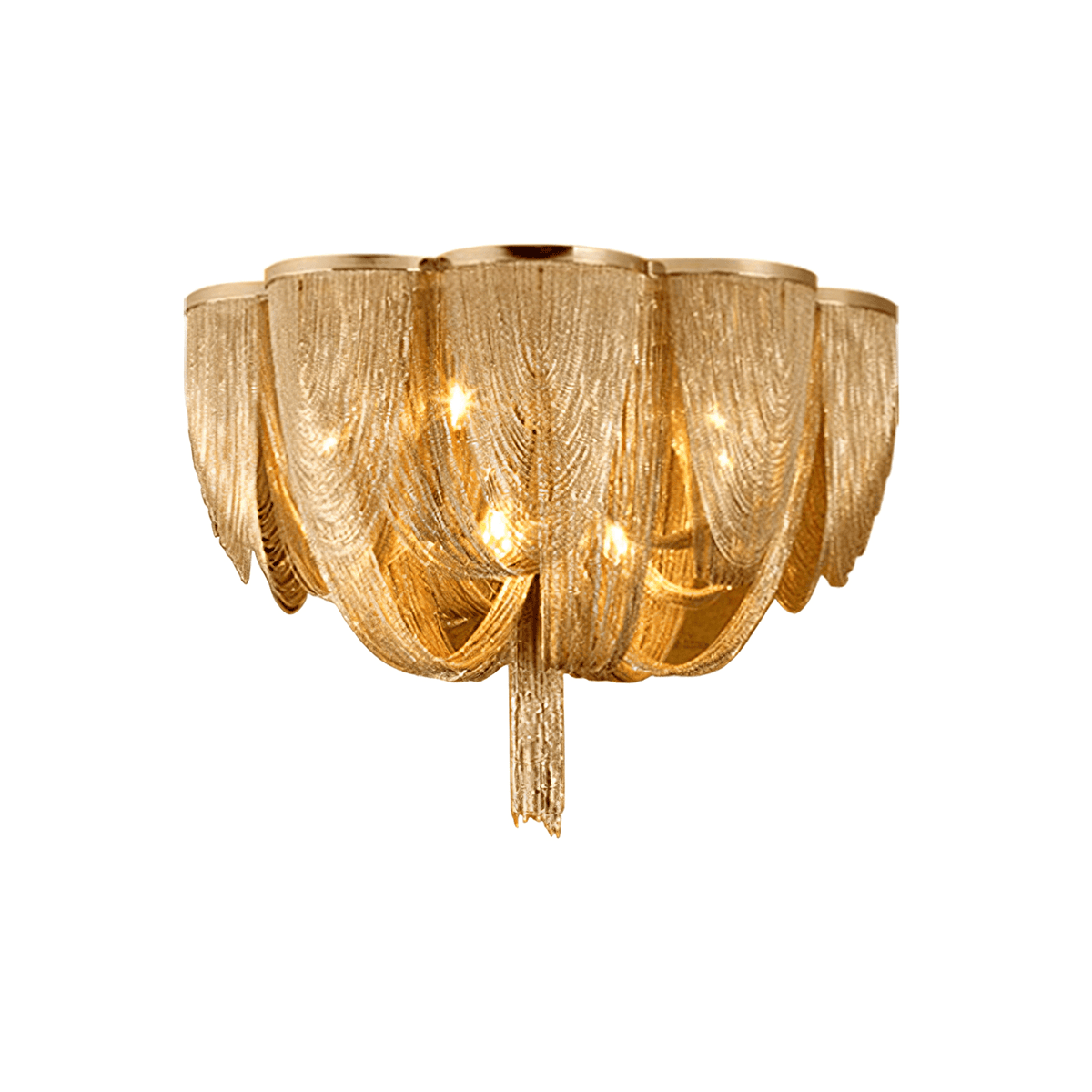 Gold chain Clérachic semi-flush ceiling light with warm bulbs showing and a long central tassel, on white.