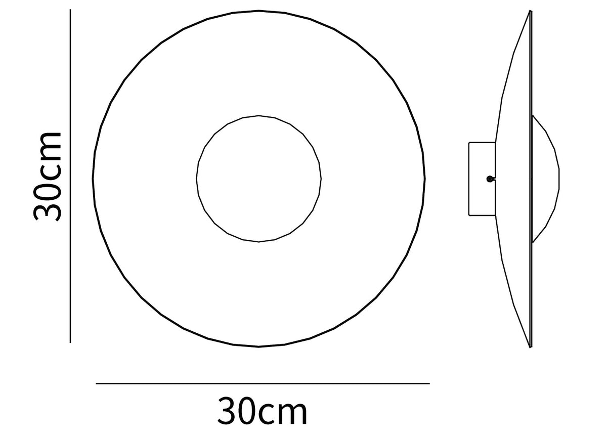 Dimension drawing of the simplicity glow wall light, in outline against white.