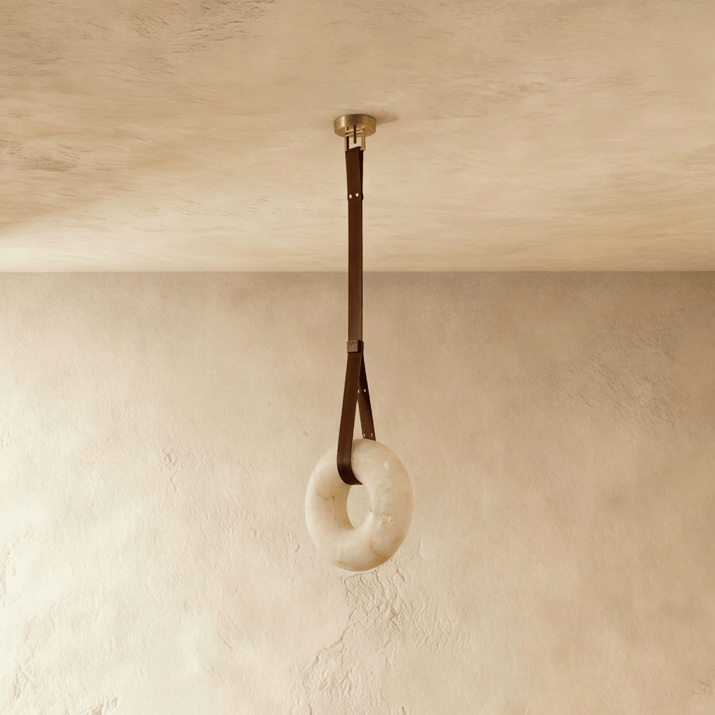 Clérachic unlit alabaster ring pendant light with veined white stone, brown leather strap and gold canopy on limewash.
