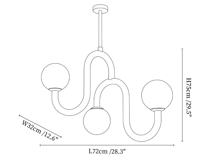 Clérachic chandelier dimension drawing, every measurement marked in centimetres and inches.