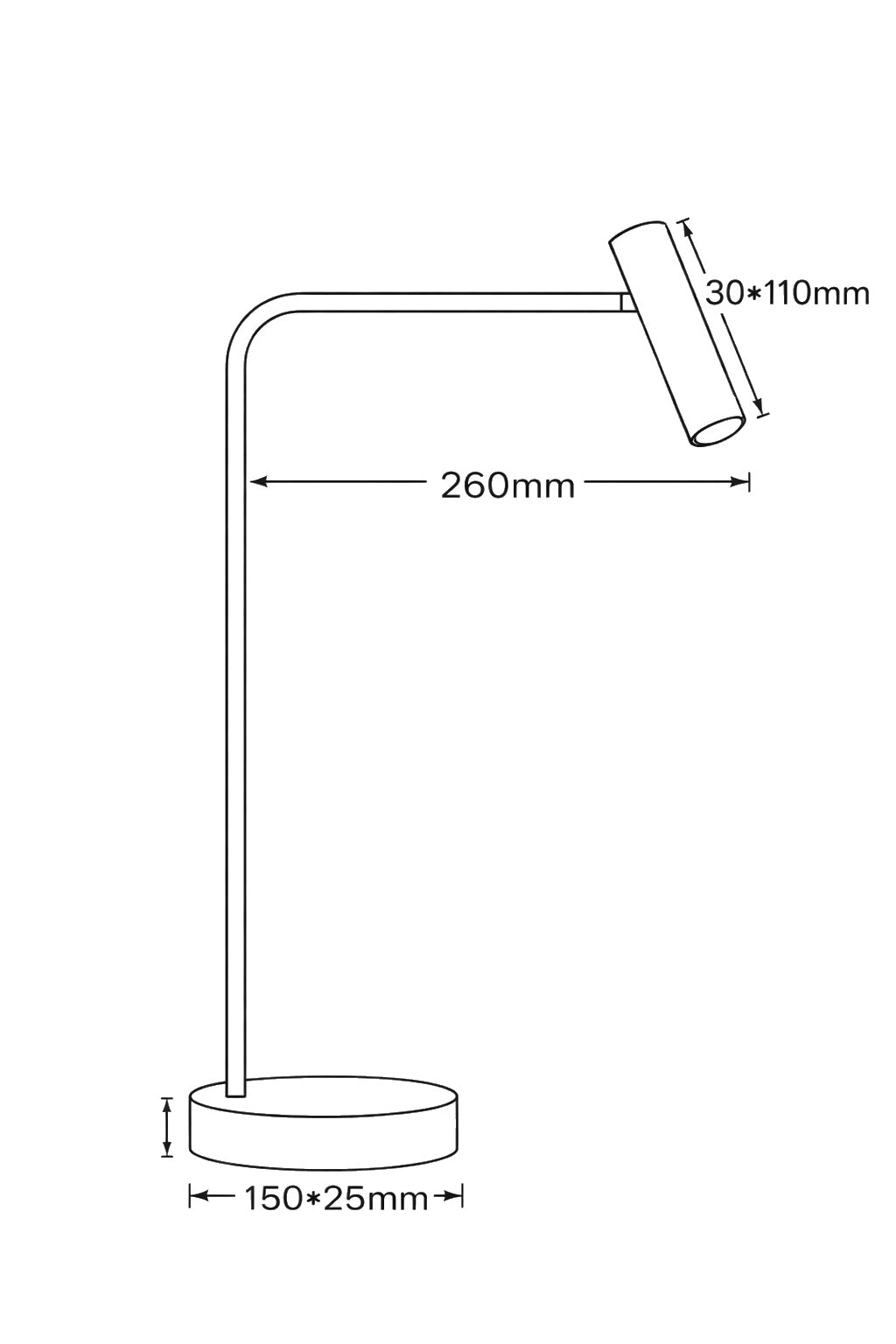 Dimension drawing of the skinny table lamp, in outline against white.