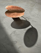 A pair of copper-leaf discs from this Clérachic wall light resting on a rough concrete floor, throwing long shadows in a shaft of light.
