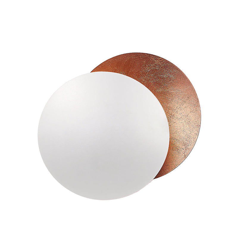 Large white front disc over a mottled copper-bronze disc on this Clérachic wall light, centred on white.