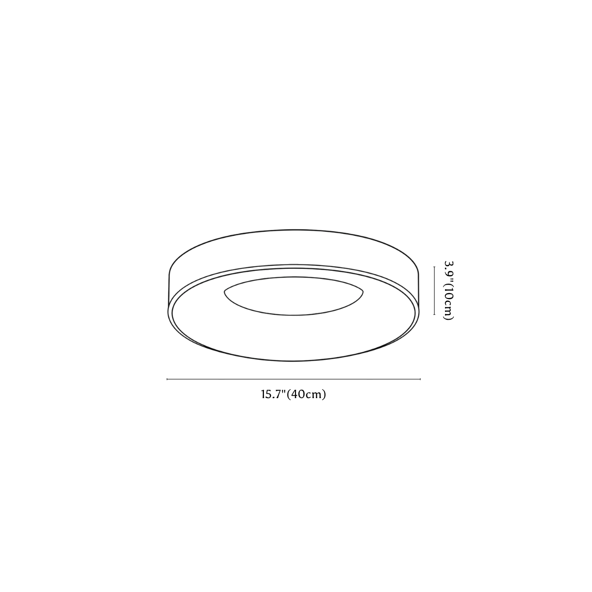 Clérachic ceiling light dimension drawing, 40 cm, every measurement marked in centimetres and inches.