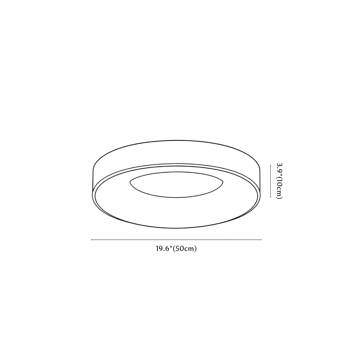 Clérachic ceiling light dimension drawing, 50 cm, every measurement marked in centimetres and inches.