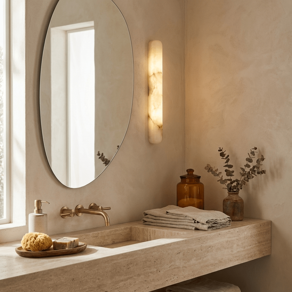 Lit Clérachic alabaster wall light beside an oval mirror above a travertine washbasin with brass taps, linen towels and a sponge.