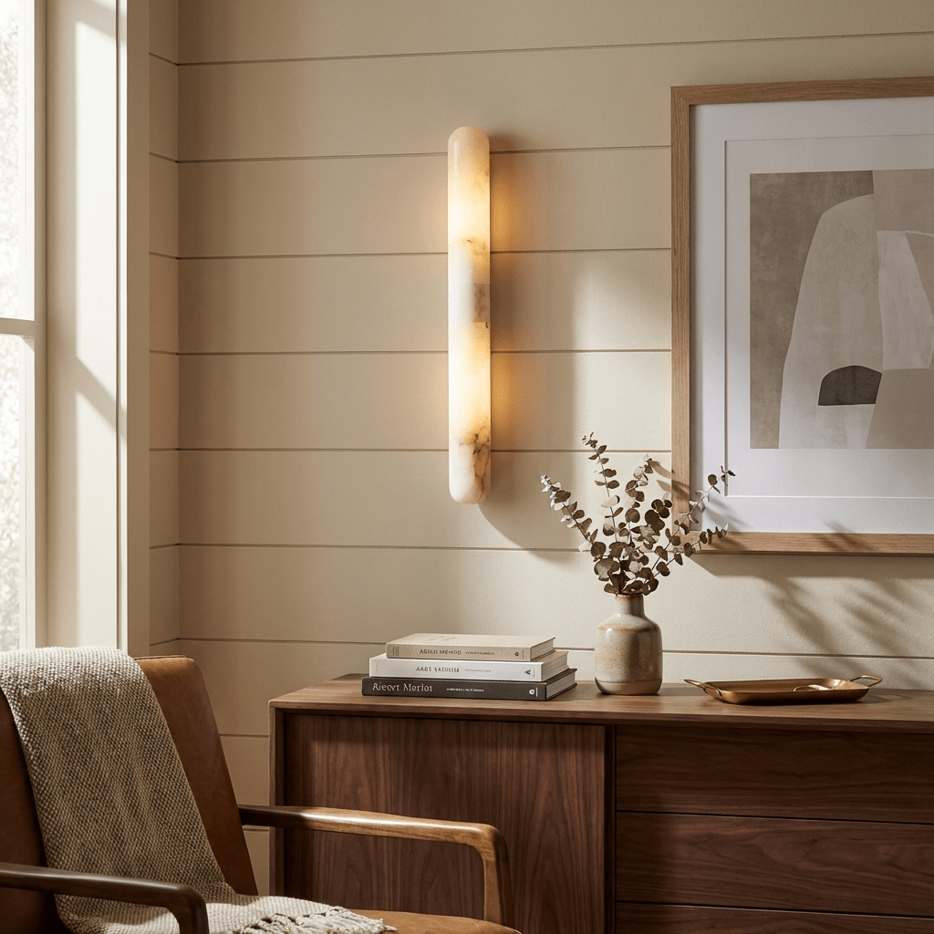 A Clérachic alabaster cylinder wall light glows on a panelled wall above a walnut sideboard, beside a framed abstract print and dried stems.