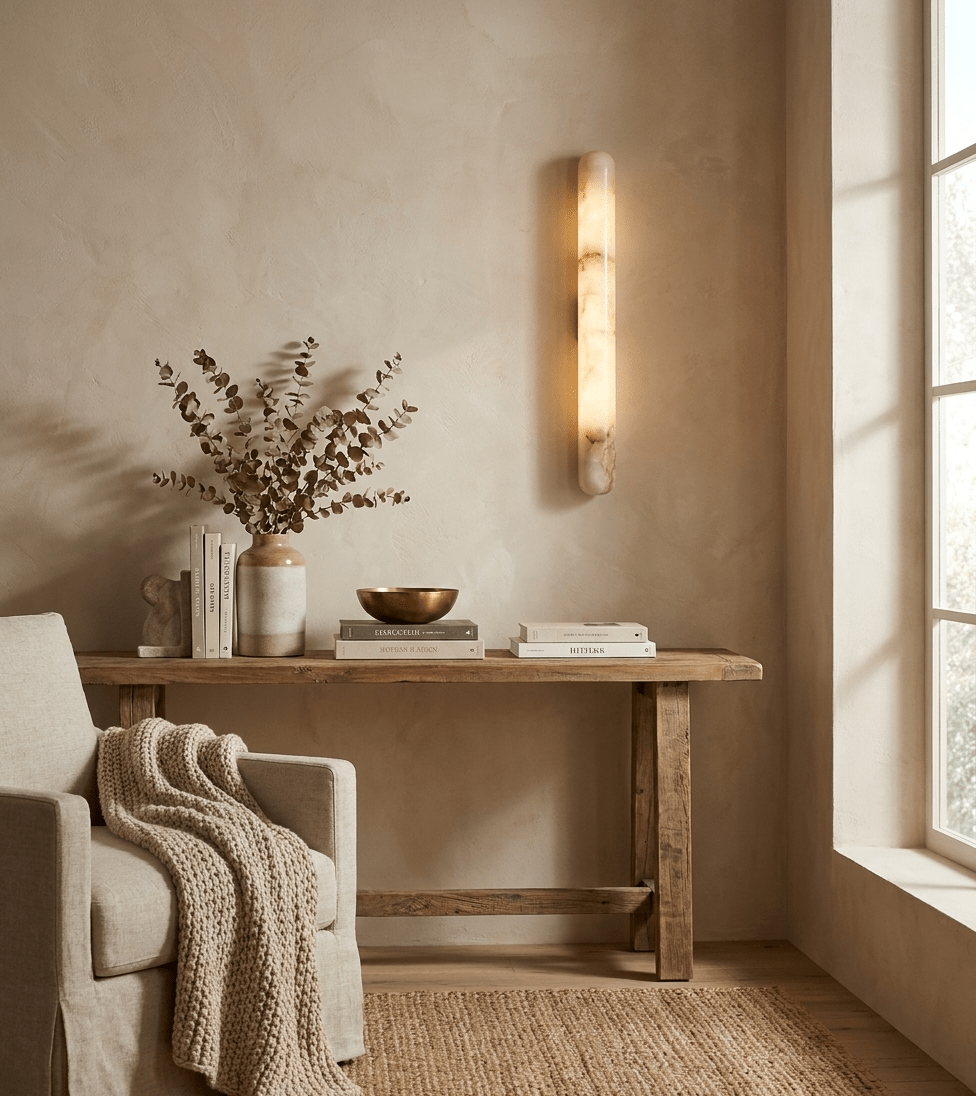 Lit Clérachic alabaster wall light above a rustic wooden console with dried stems and books, with a knitted throw on the chair at left.
