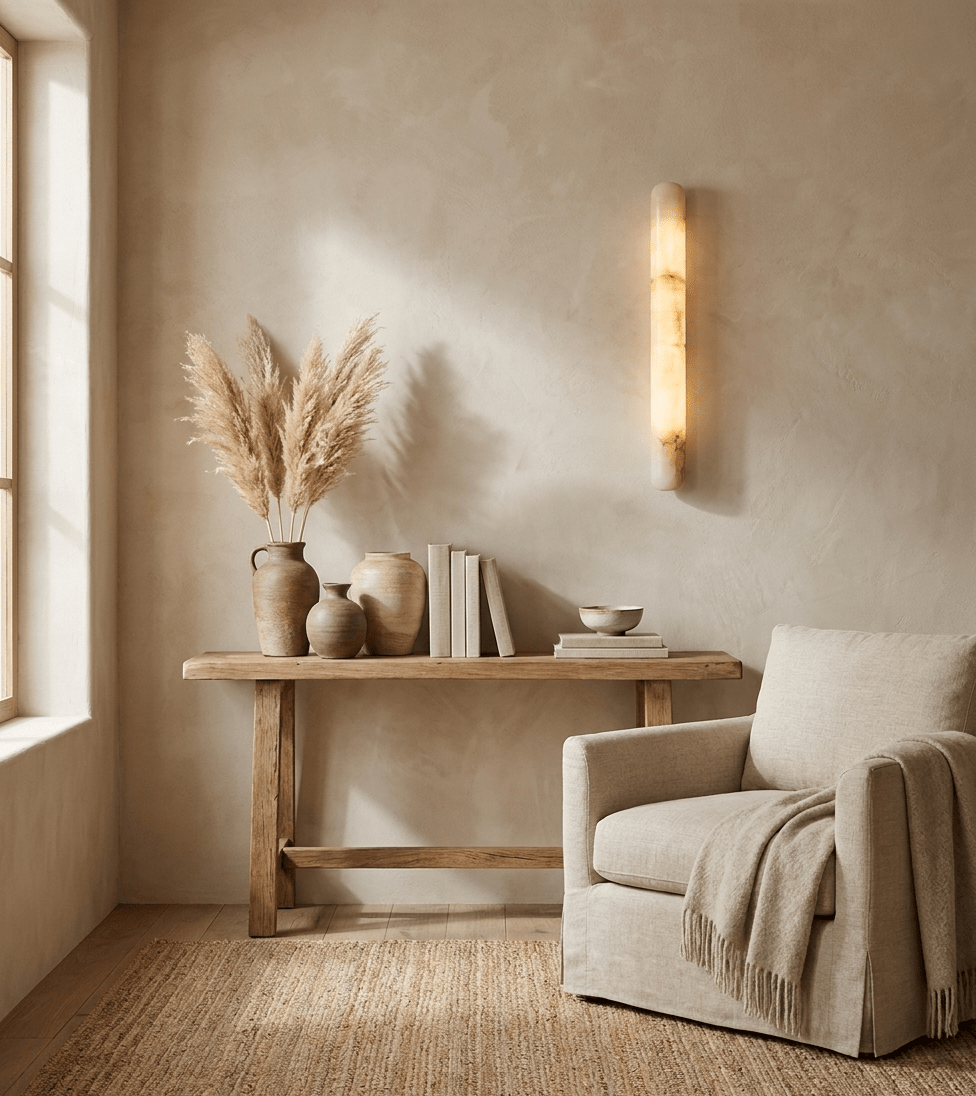 This Clérachic alabaster wall light glows beside a window over a rustic console holding pampas grass, vases and books, with a linen armchair.