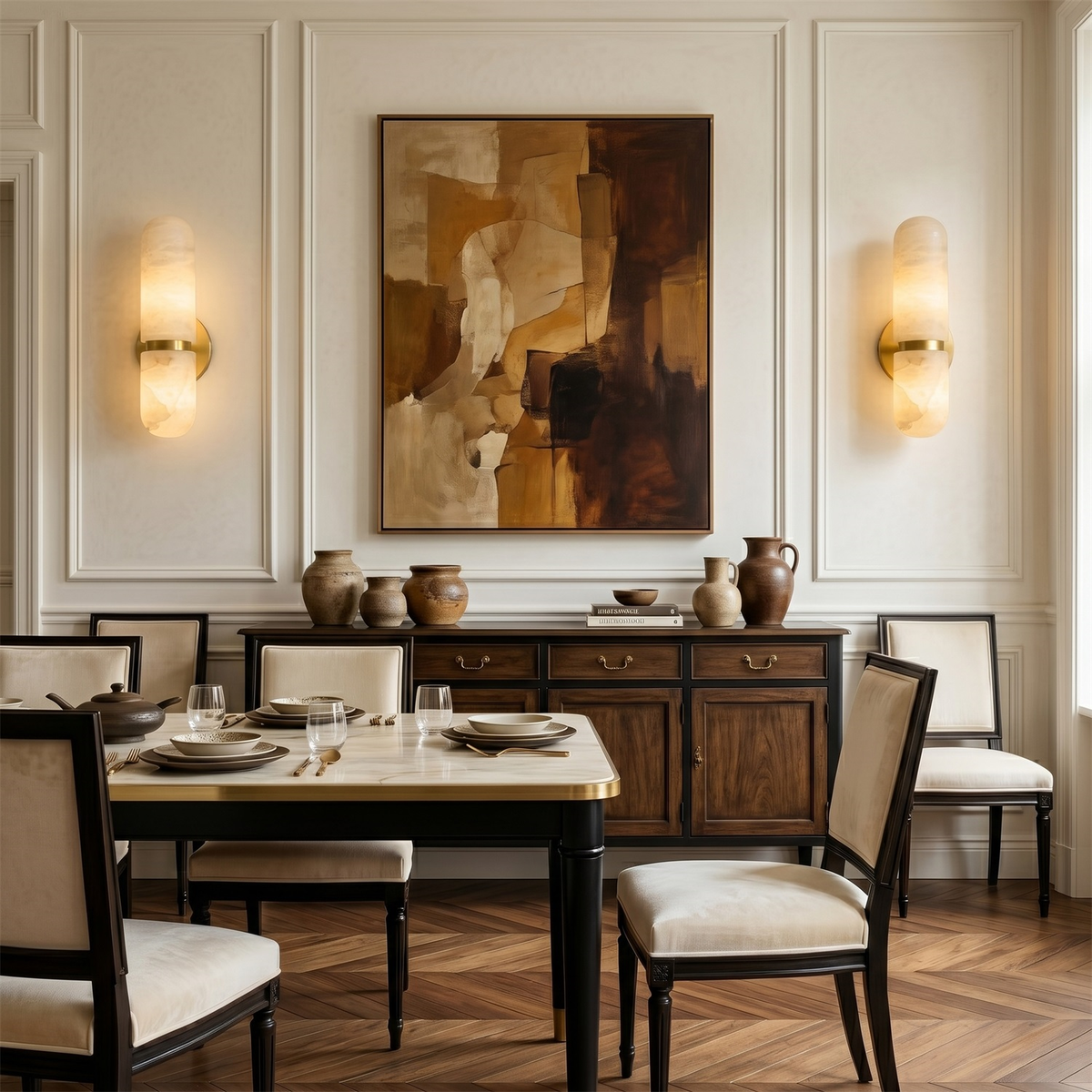 Pair of lit Clérachic alabaster wall lights flanking a framed abstract painting above a sideboard and a set dining table.