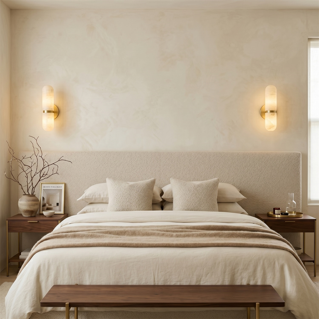 Two lit Clérachic alabaster wall lights above bedside tables in a calm bedroom with a cream headboard and linen bedding.