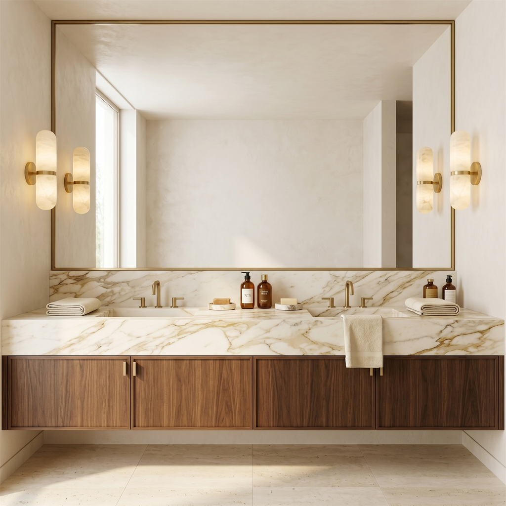 Two pairs of Clérachic alabaster wall lights beside a large mirror above a marble vanity with a walnut cabinet.