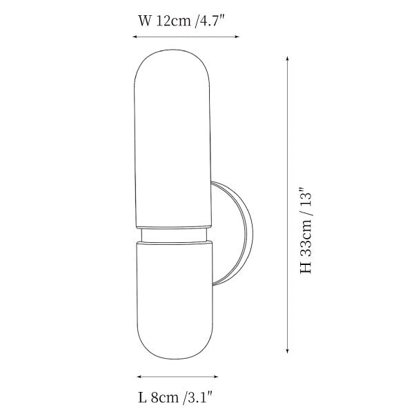Dimension drawing of this Clérachic alabaster wall light, with its 33 cm height, 12 cm width and 8 cm depth marked.