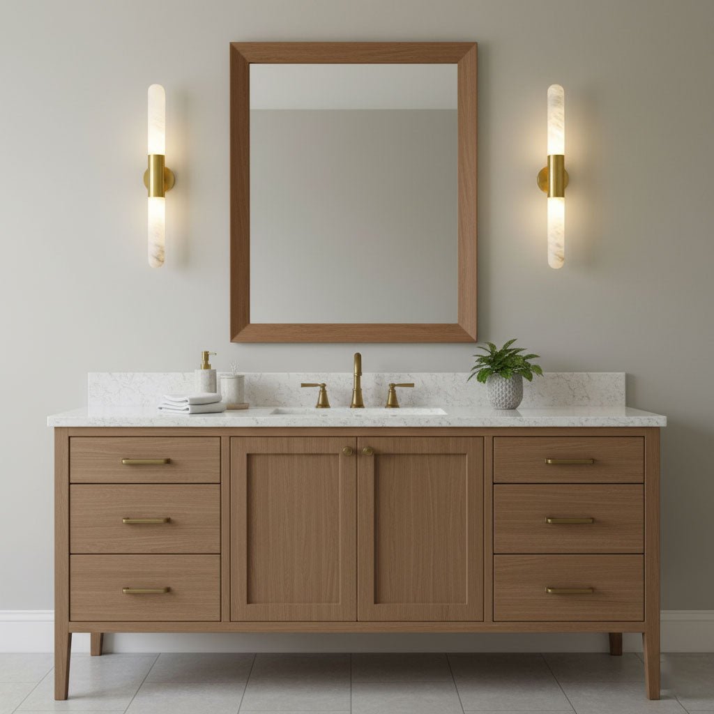A pair of Clérachic gold-and-white wall lights on either side of a framed mirror above a wooden bathroom vanity with a stone top.