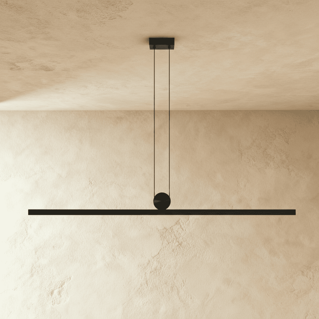 Straight-on view of the Clérachic linear bar pendant light, its slim aluminium body lit warm white beneath a plain plastered ceiling.
