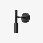 Front view of a black Clérachic wall light with its tube head hanging straight down, on a plain white backdrop.