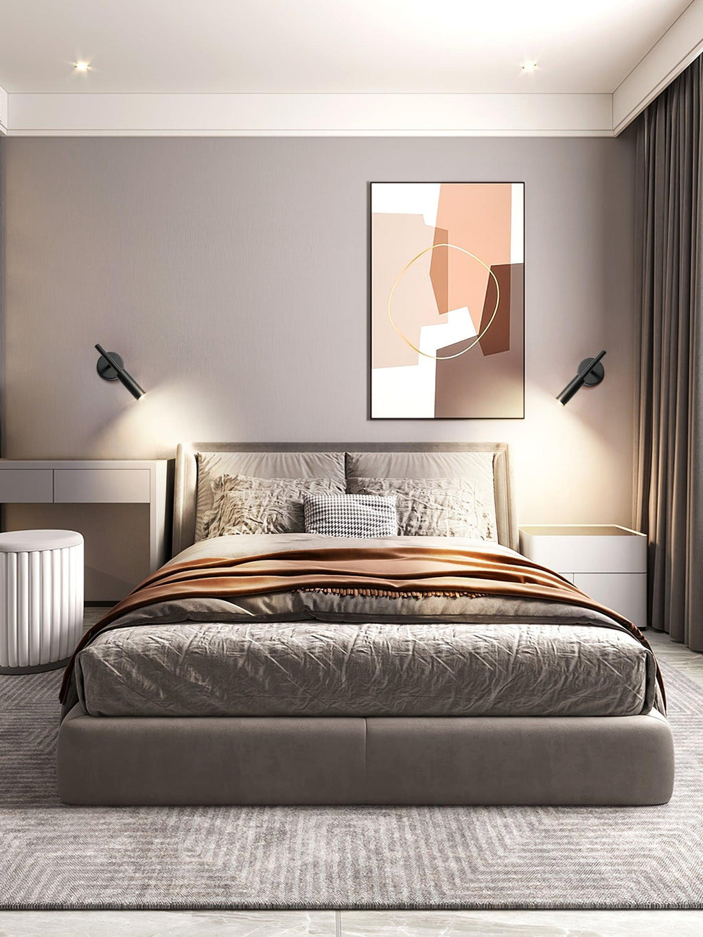 Two black Clérachic wall lights angled over a bed with a taupe throw, below an abstract print on a warm grey wall.