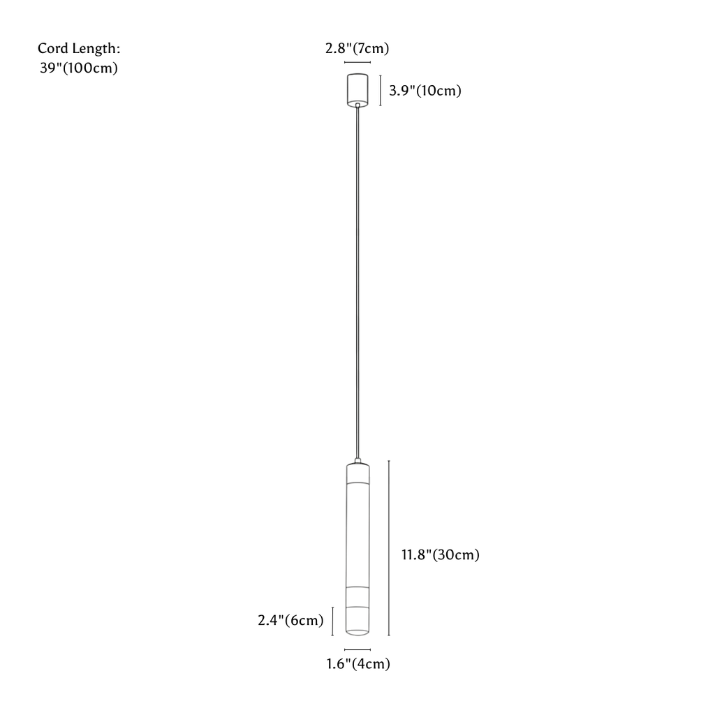 Clérachic pendant light dimension drawing, 1 head, every measurement marked in centimetres and inches.