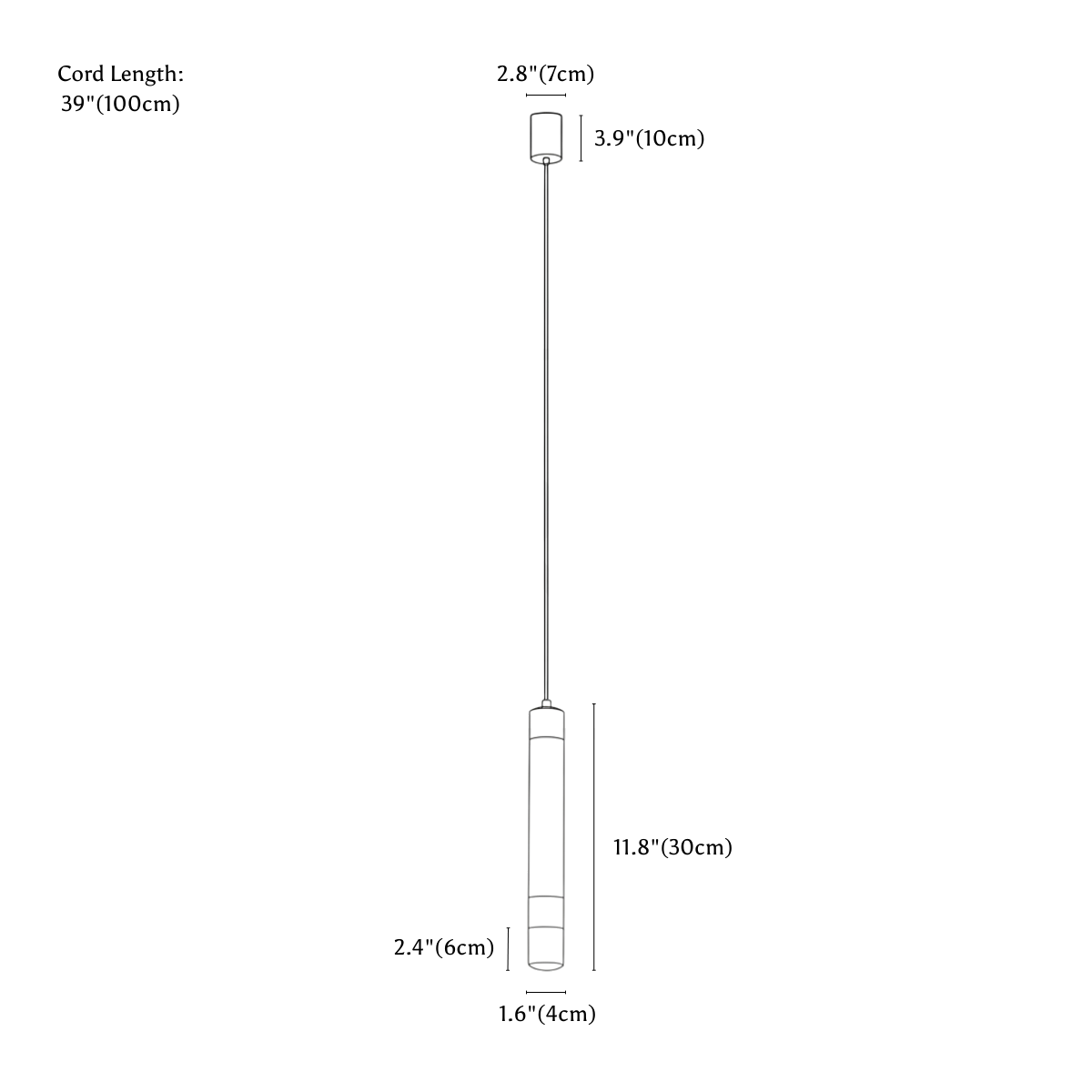 Clérachic pendant light dimension drawing, 1 head, every measurement marked in centimetres and inches.