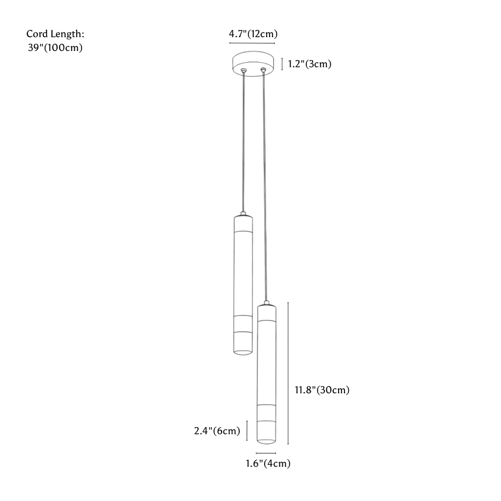 Clérachic pendant light dimension drawing, 2 heads, every measurement marked in centimetres and inches.