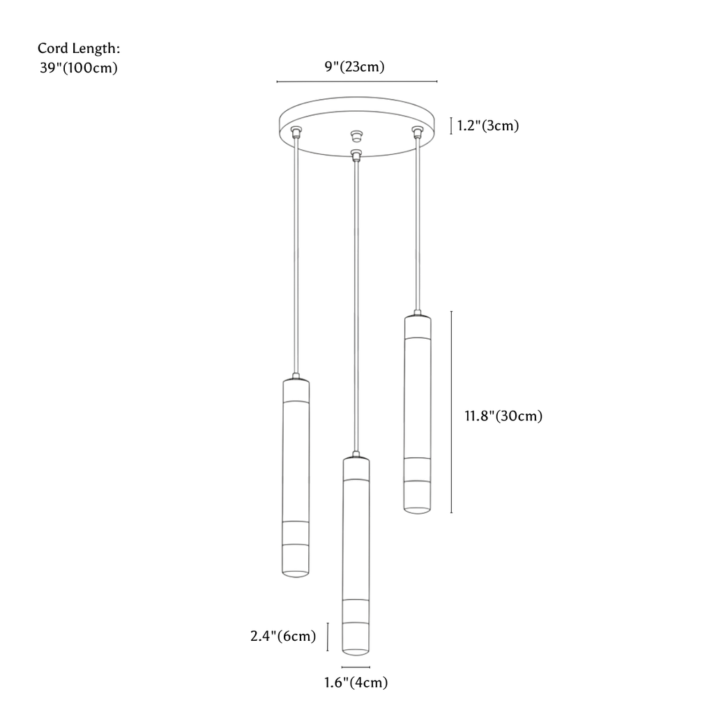 Clérachic pendant light dimension drawing, round, 3 heads, every measurement marked in centimetres and inches.