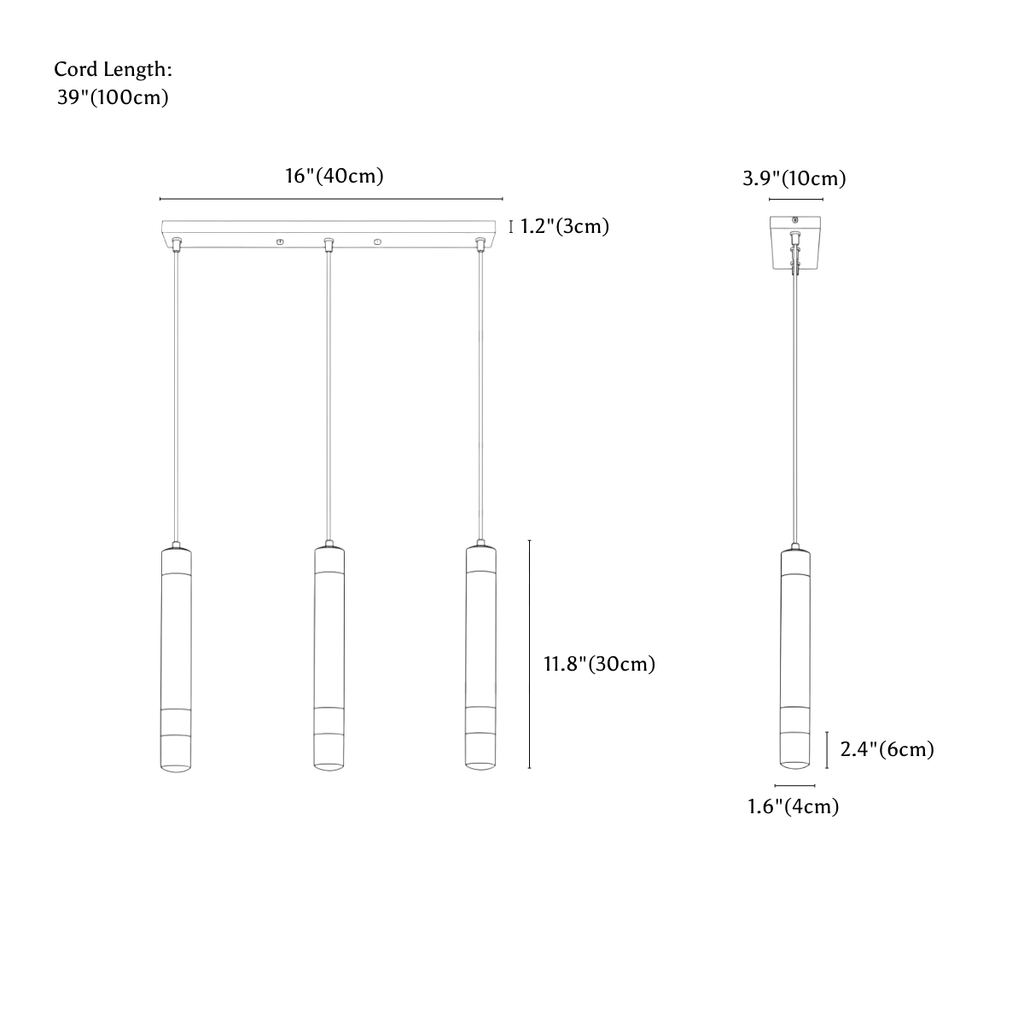 Clérachic pendant light dimension drawing, long, 3 heads, every measurement marked in centimetres and inches.