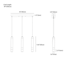Clérachic pendant light dimension drawing, long, 3 heads, every measurement marked in centimetres and inches.