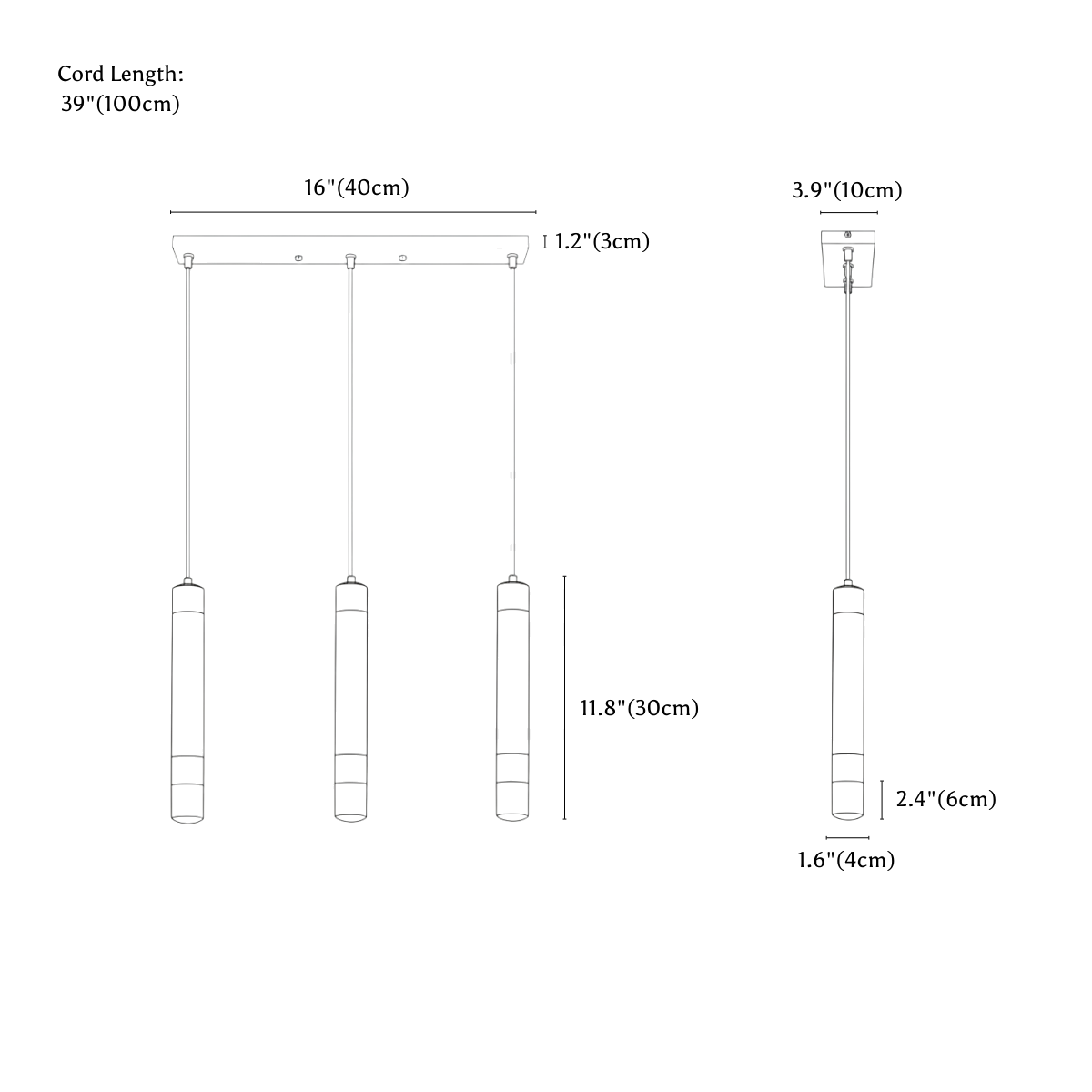 Clérachic pendant light dimension drawing, long, 3 heads, every measurement marked in centimetres and inches.