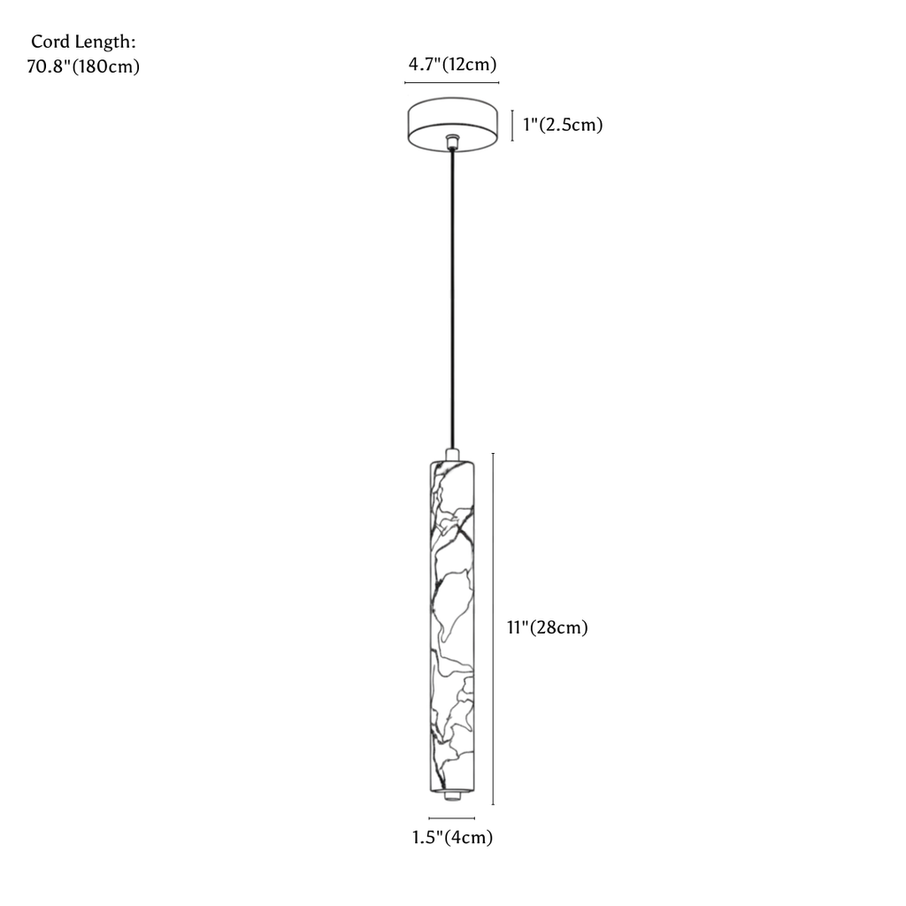 Clérachic pendant light dimension drawing, every measurement marked in centimetres and inches.