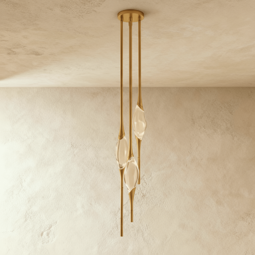 Clérachic three-head pendant in brushed gold with slim rods and clear glass teardrops, hung from a round canopy on a plaster wall.