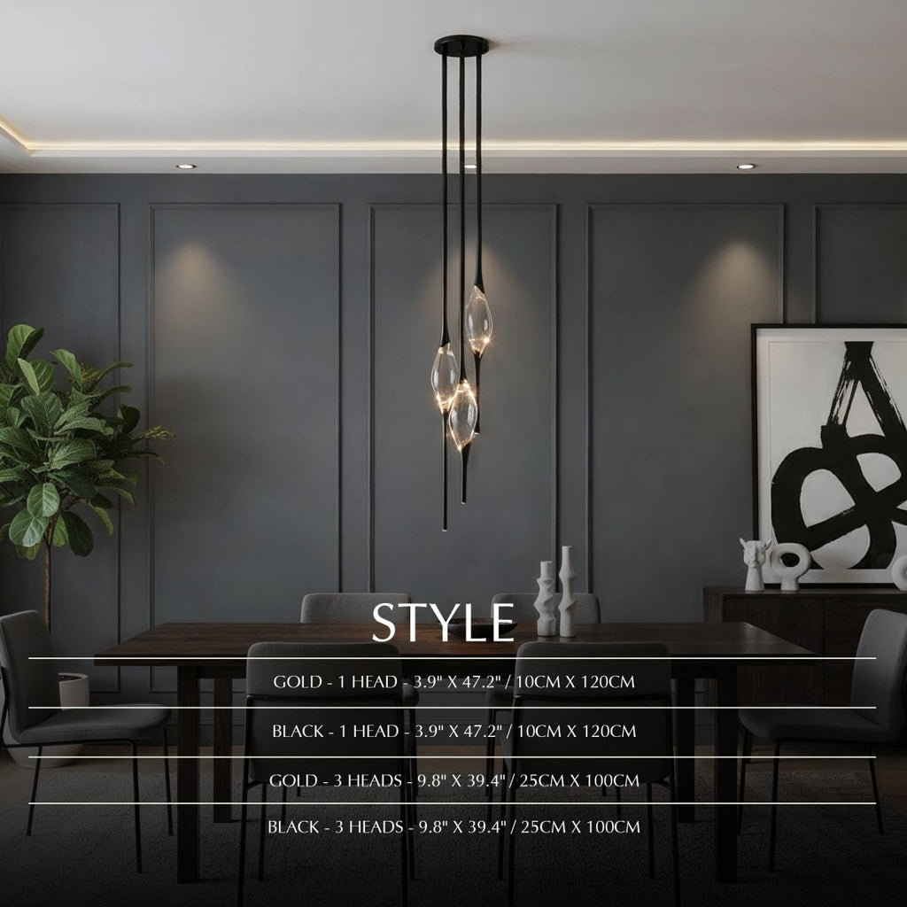 Clérachic black three-head glass teardrop pendant over a dark dining table in a grey panelled room, with a style size list overlaid.