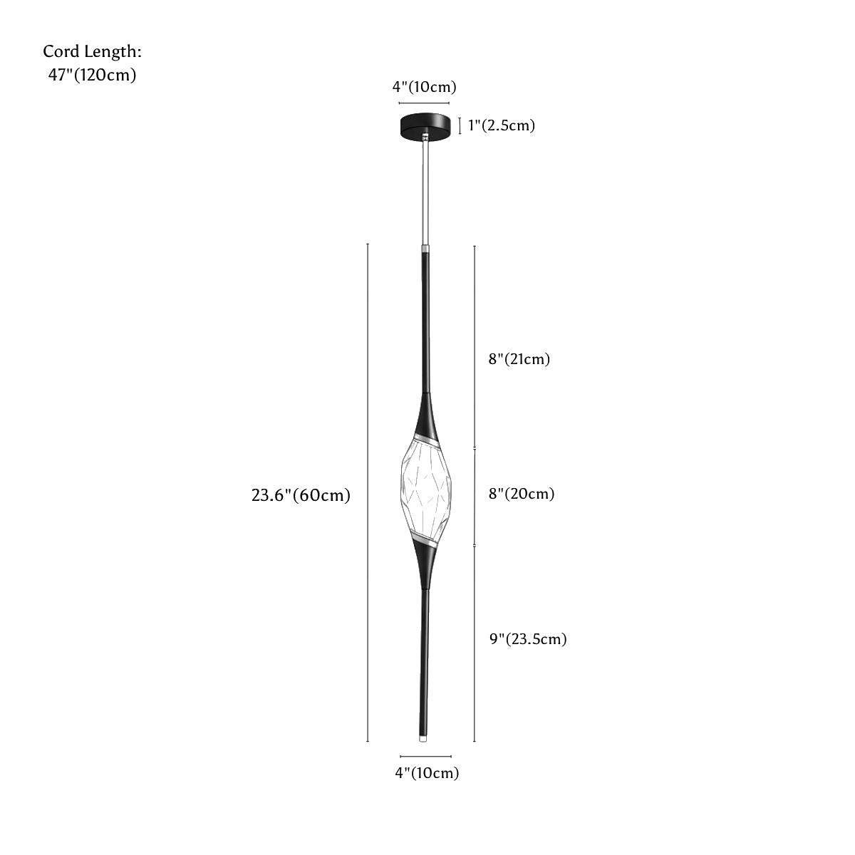 Clérachic pendant light dimension drawing, 1 Head, 10 cm × 120 cm, every measurement marked in centimetres and inches.
