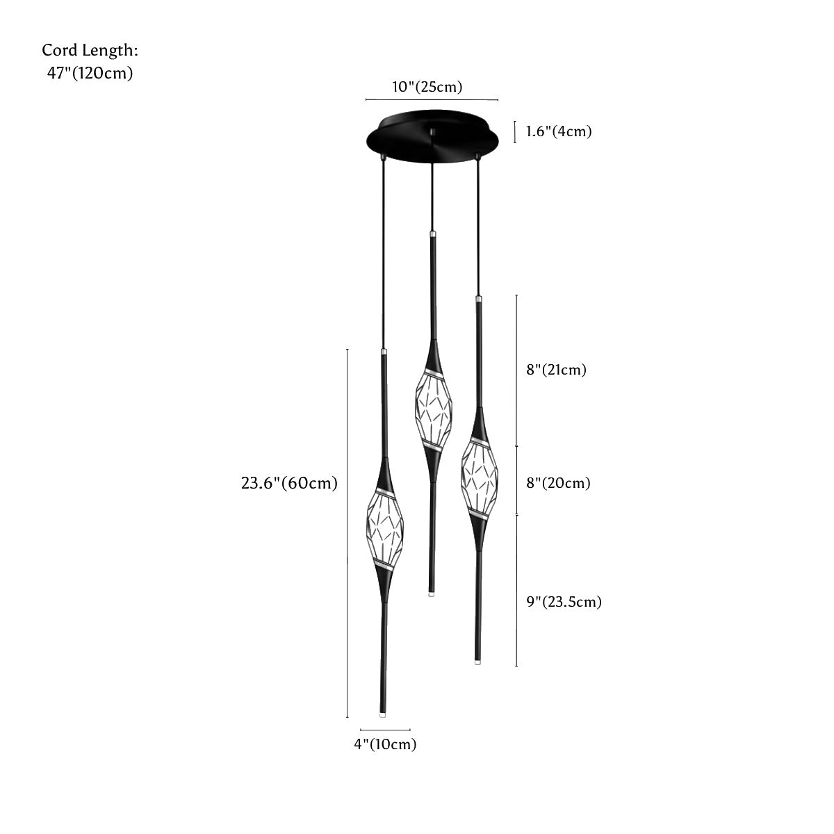 Clérachic pendant light dimension drawing, 3 Heads, 25 cm × 120 cm, every measurement marked in centimetres and inches.