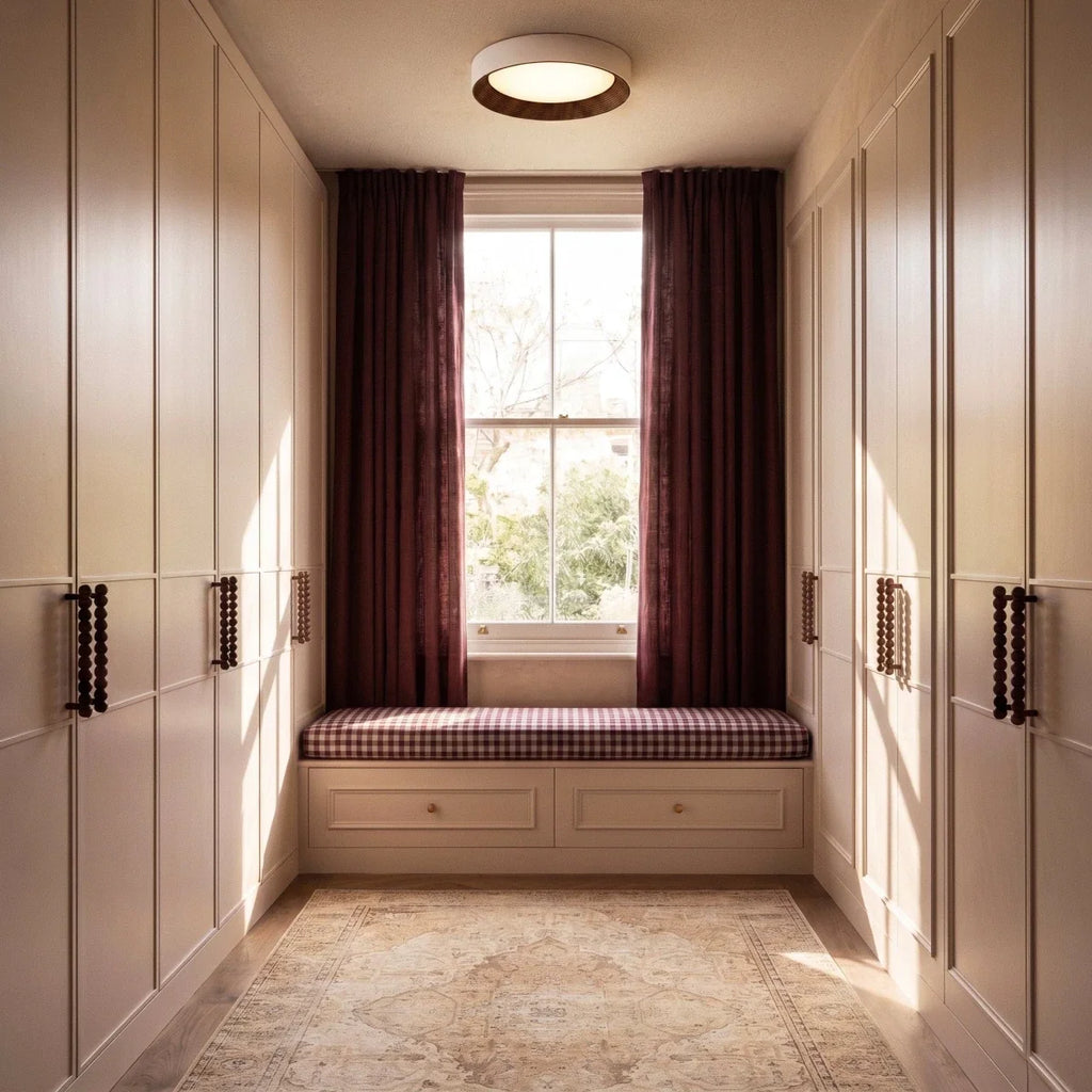 Clérachic round flush ceiling light with a walnut-tone ring centred over a window seat between tall panelled wardrobes.